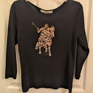 Lucia Burns Black Gold Brown Equestrian Sequin Polo Pony Horse Blouse Size S